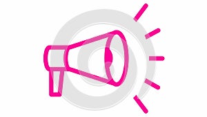 Animated pink line symbol of megaphone. Looped video. Concept of news, announce, propaganda, promotion, broadcast, media, message.