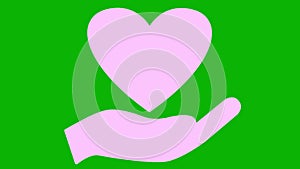 Animated pink pounding heart on palm. Looped video of heart beating. Concept of charity, health, medicine. Vector illustration