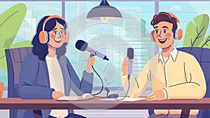 Animated Podcast Hosts Recording a Show in a Studio Setup, Bright and Engaging Illustration of Modern Digital Media