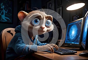 animated portrait of a webmaster sitting near a computer monitor with big round eyes.