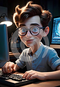 animated portrait of a webmaster sitting near a computer monitor with big round eyes.