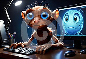 animated portrait of a webmaster sitting near a computer monitor with big round eyes. photo