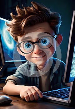 animated portrait of a webmaster sitting near a computer monitor with big round eyes. photo