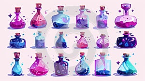 An animated potion bottle with a spill. A set of fantasy witch glass elixir icons. 3D cork antidote phial isolated on a