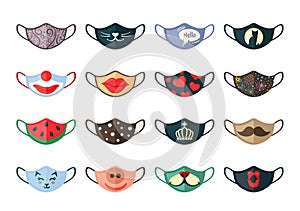 Animated protective masks set. Cheerful pork nickle with snowflakes and stylish royal crown black mustache colorful red photo