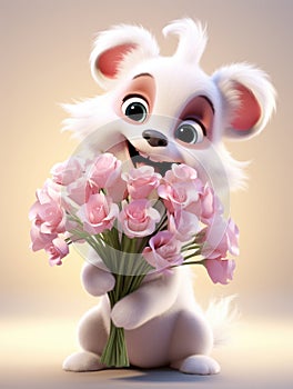 Animated puppy holding a bouquet of pink roses. Concept of love and innocence.
