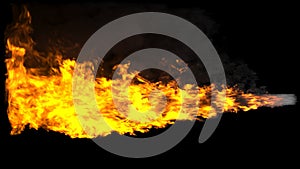 Animated realistic streams of fire with black smoke similar to a shot from a flamethrower, exhaust from a rocket engine