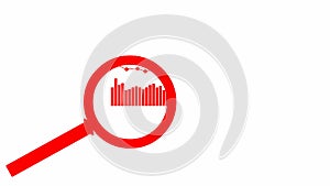 Animated red icon of magnifier. Data graph. Symbol of loupe. Concept of analysis. Looped video.