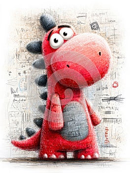Animated, red stegosaurus character with doodled back plates, stubby legs, silly face, and lopsided grin against a white photo