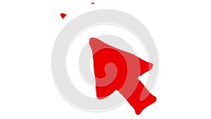 Animated red symbol of mouse cursor with rays. Arrow moves and clicks. Icon in sketch style. Hand drawn vector illustration