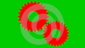 Animated red two gears spin. Looped video. Concept of teamwork, business.