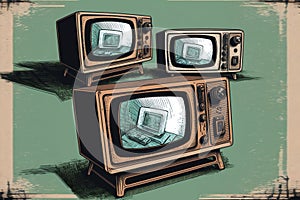 Animated retro televisions with static and glitches, creative digital illustration painting