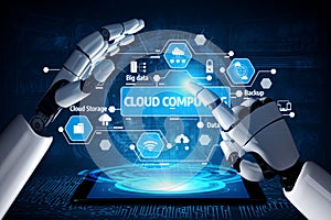 Futuristic Robotic Hands Interacting with Cloud Computing Technology and Data Management Concepts in a Digital