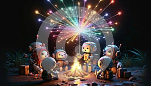 Animated robots enjoying a fireworks display at night