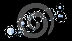 An animated row of rotating gears with symbols of transportation and transportation by means of carbon dioxide emissions