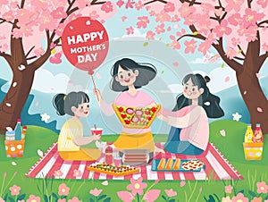 Animated scene of a mother and daughters enjoying a picnic under cherry blossoms with Mothers Day greetings.