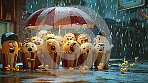 Animated scene of Popcorn and his crew struggling to stay dry as they huddle under a giant ery umbrella during a