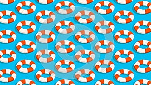 Animated seamless pattern with red white life buoy on blue sea waves. Design element. Looped video background