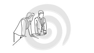 Animated self drawing of continuous line draw of three young workers talking seriously about company policy around the table.