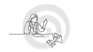 Animated self drawing of continuous line draw young happy female doctor checking up sick patient little girl and giving high five