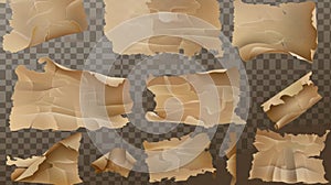 Animated set of craft paper falling down on transparent background. Modern illustration of a curled ancient map, old