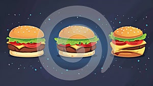 Animated set of happy hours flyer templates for fast food restaurants. Modern illustration of tasty sandwiches and