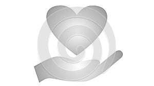 Animated silver pounding heart on palm. Looped video of heartbeating. Concept of charity, health, medicine. Vector illustration