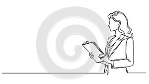 animated single line drawing of businesswoman holding file folder