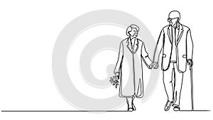 animated single line drawing of elderly couple walking hand in hand
