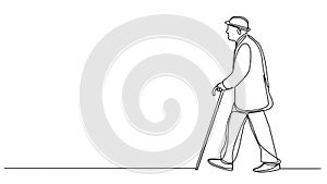 animated single line drawing of elderly man walking with a cane