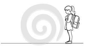 animated single line drawing of elementary school student girl with school bag