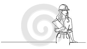 animated single line drawing of female architect or engineer with hardhat holding construction plans