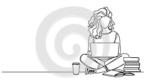 animated single line drawing of female college student using laptop computer on her lap