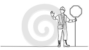 animated single line drawing of female road worker with stop sign