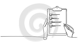 animated single line drawing of hands holding clipboard with checklist