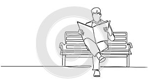 animated single line drawing of man on bench reading a newspaper