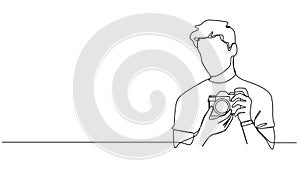animated single line drawing of man taking picture with camera