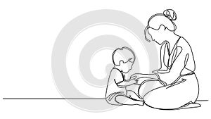 animated single line drawing of mother an toddler playing on floor