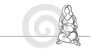 animated single line drawing of pregnant woman sitting cross-legged holding her tummy