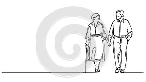 animated single line drawing of senior couple walking hand in hand