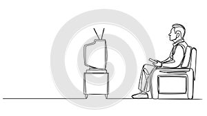 animated single line drawing of senior man watching TV show on old tube TV set