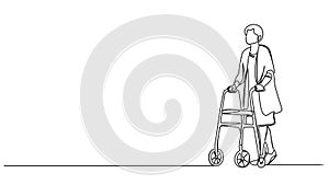 animated single line drawing of senior woman walking with a rollator