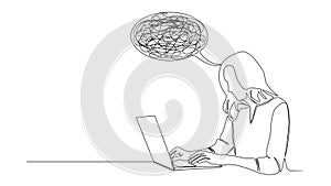 animated single line drawing of stressed or confued woman using laptop computer
