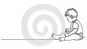 animated single line drawing of toddler boy sitting on floor