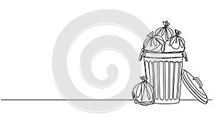 animated single line drawing of trash can overflowing with trash bags