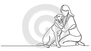 animated single line drawing of woman kneeling on floor hugging her dog