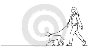 animated single line drawing of woman walking a dog