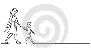 animated single line drawing of young boy walking by the hand of his mother