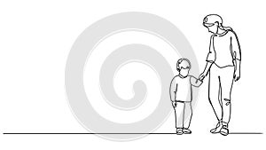 animated single line drawing of young boy walking by the hand of his mother