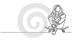 animated single line drawing of young woman sitting on skateboard